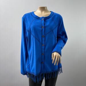 Canyon Road Jacket Women 1X Blue Embroidered Fringe Button Shirt Western Suede
